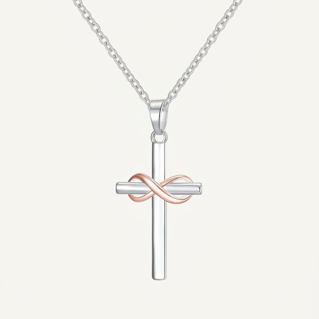 925 Sterling Silver Infinity Cross Necklace with Cubic Zirconia - Rose Gold