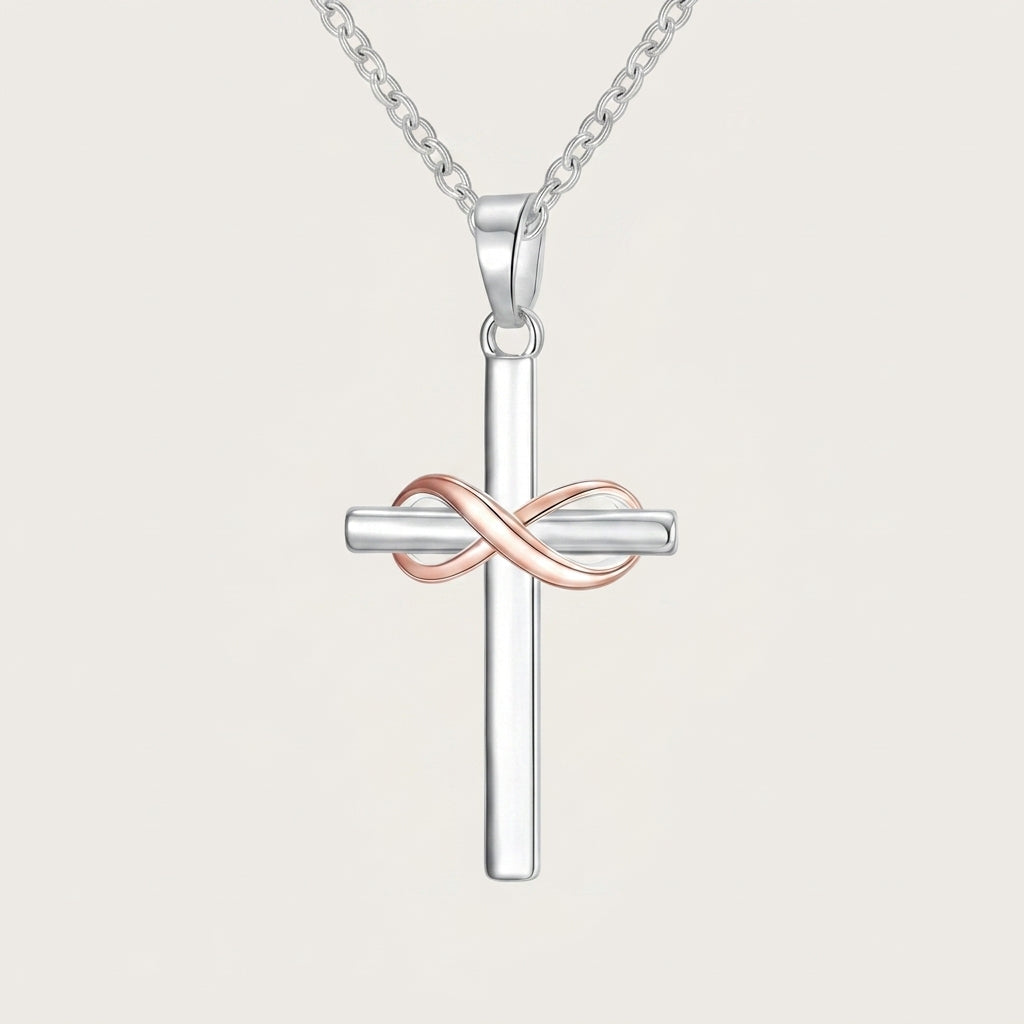 925 Sterling Silver Infinity Cross Necklace with Cubic Zirconia - Rose Gold