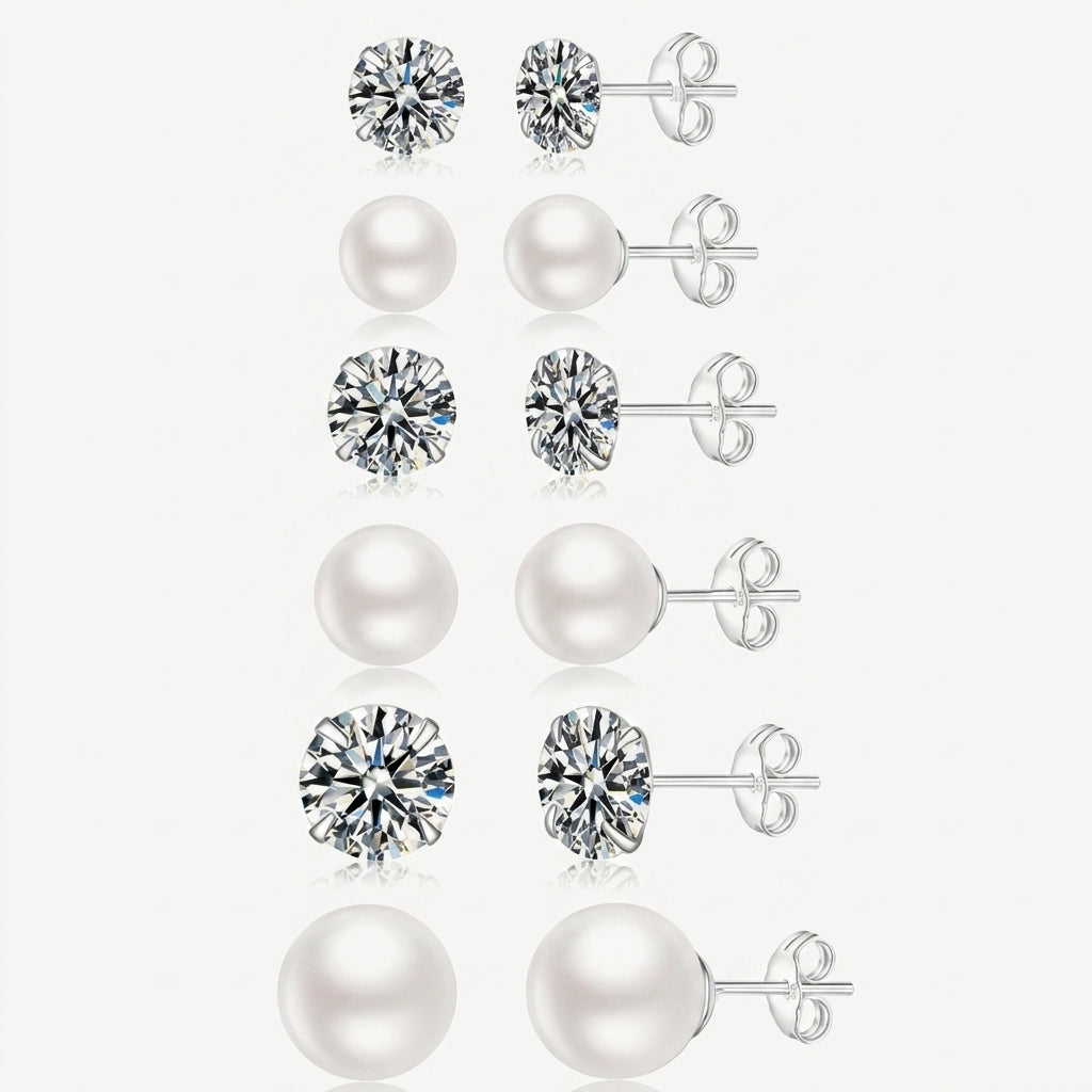 925 Sterling Silver Pearl and CZ Stud Earrings Set of 6 Pairs - Silver