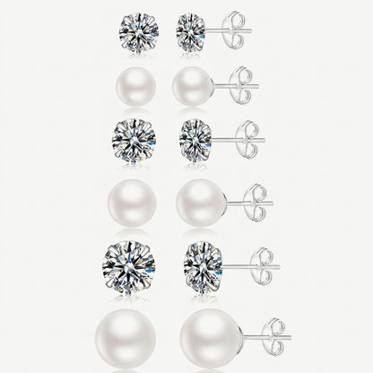 925 Sterling Silver Pearl and CZ Stud Earrings Set of 6 Pairs - Silver