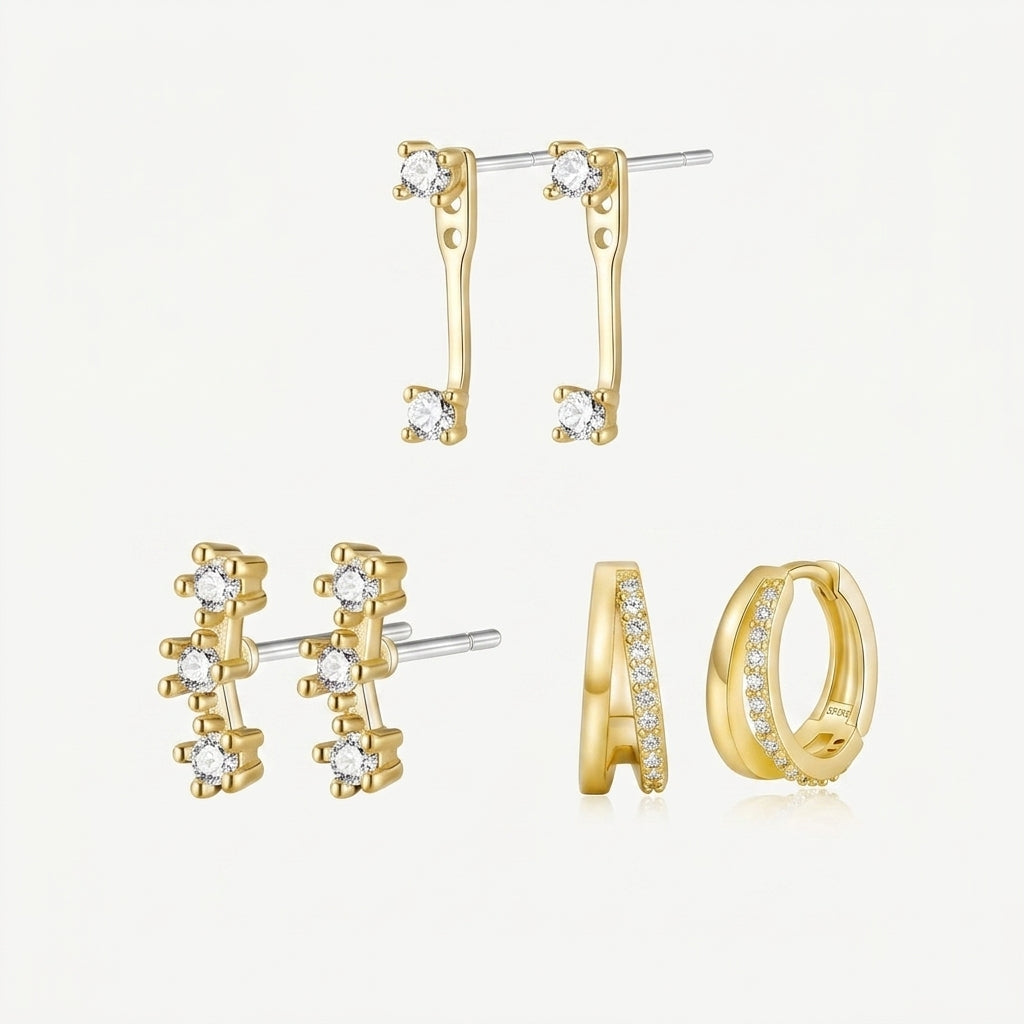 925 Sterling Silver Stud and Hoop Earring Set with Cubic Zirconia - 3 Pairs Gold