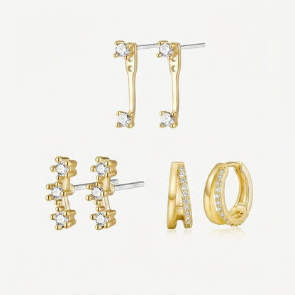 925 Sterling Silver Stud and Hoop Earring Set with Cubic Zirconia - 3 Pairs Gold