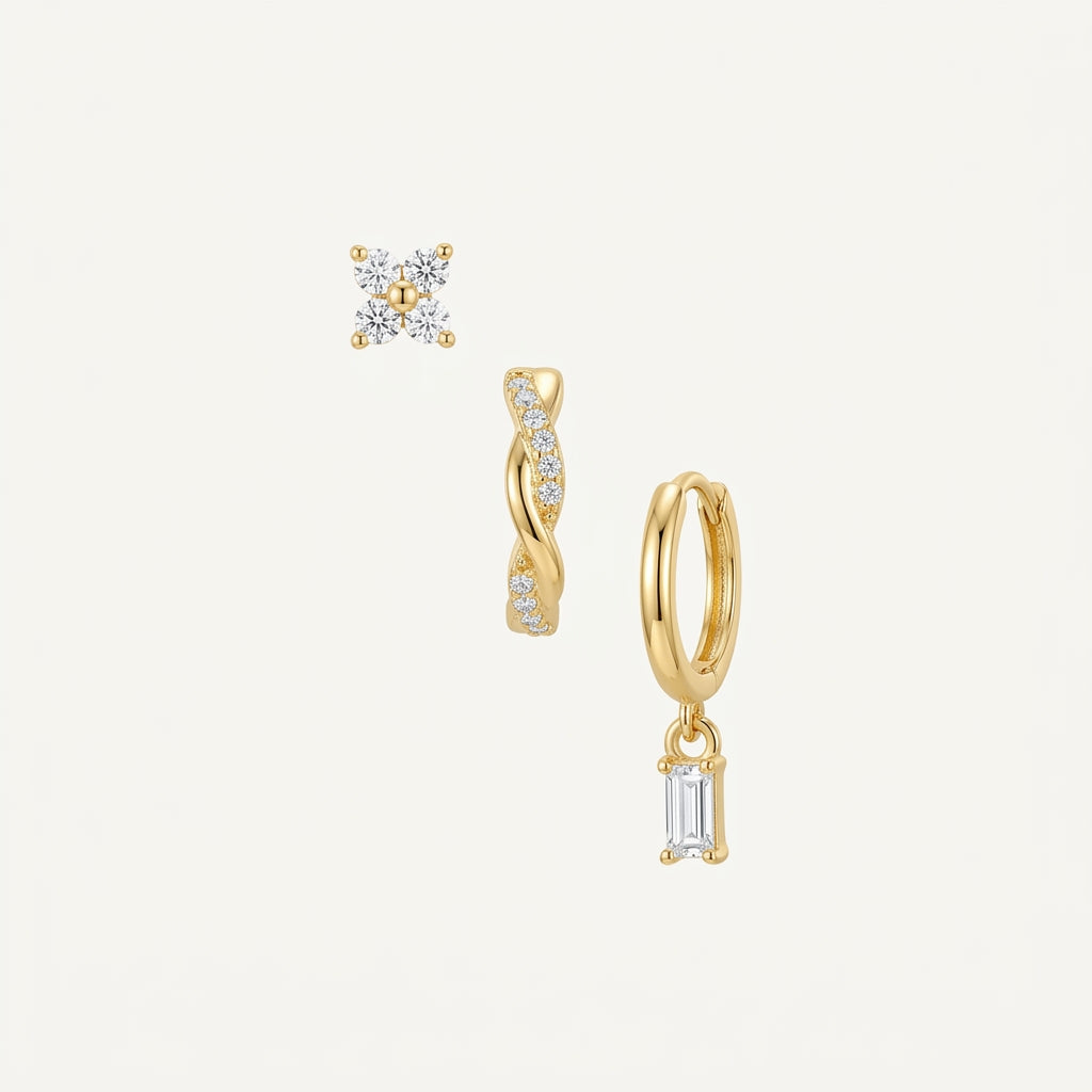 925 Sterling Silver Square CZ Stud and Hoop Earring Set - 3 Pairs Gold