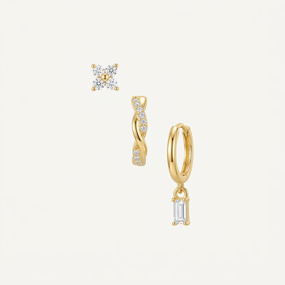 925 Sterling Silver Square CZ Stud and Hoop Earring Set - 3 Pairs Gold