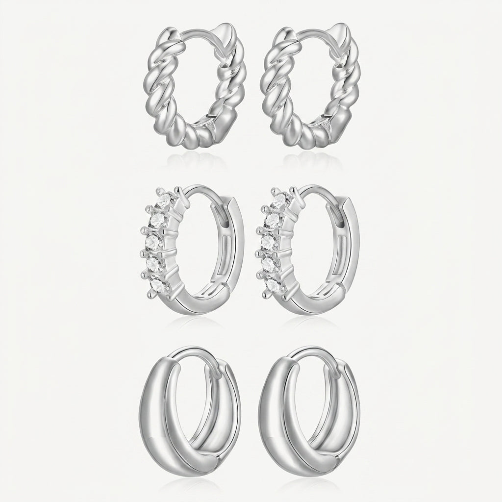 925 Sterling Silver Chunky Stud and Hoop Earring Set - 3 Pairs Silver