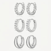 925 Sterling Silver Chunky Stud and Hoop Earring Set - 3 Pairs Silver