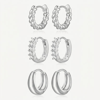 925 Sterling Silver Chunky Stud and Hoop Earring Set - 3 Pairs Silver