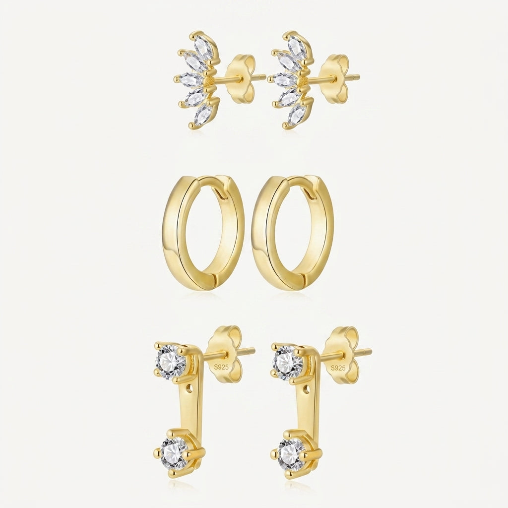 925 Sterling Silver Five Star CZ Stud and Hoop Earring Set - 3 Pairs Gold