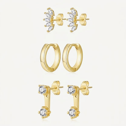925 Sterling Silver Five Star CZ Stud and Hoop Earring Set - 3 Pairs Gold