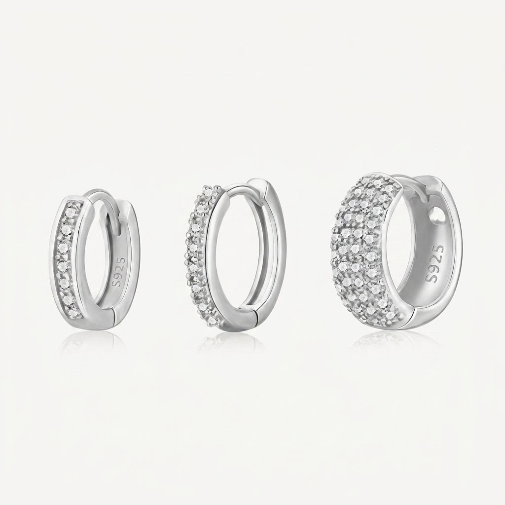 925 Sterling Silver Chunky CZ Huggie Hoop Earrings Set of 3 Pairs - Silver