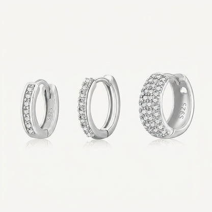 925 Sterling Silver Chunky CZ Huggie Hoop Earrings Set of 3 Pairs - Silver
