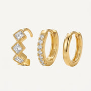14K Gold Plated Square CZ Huggie Hoop Earrings Set of 3 Pairs - Gold