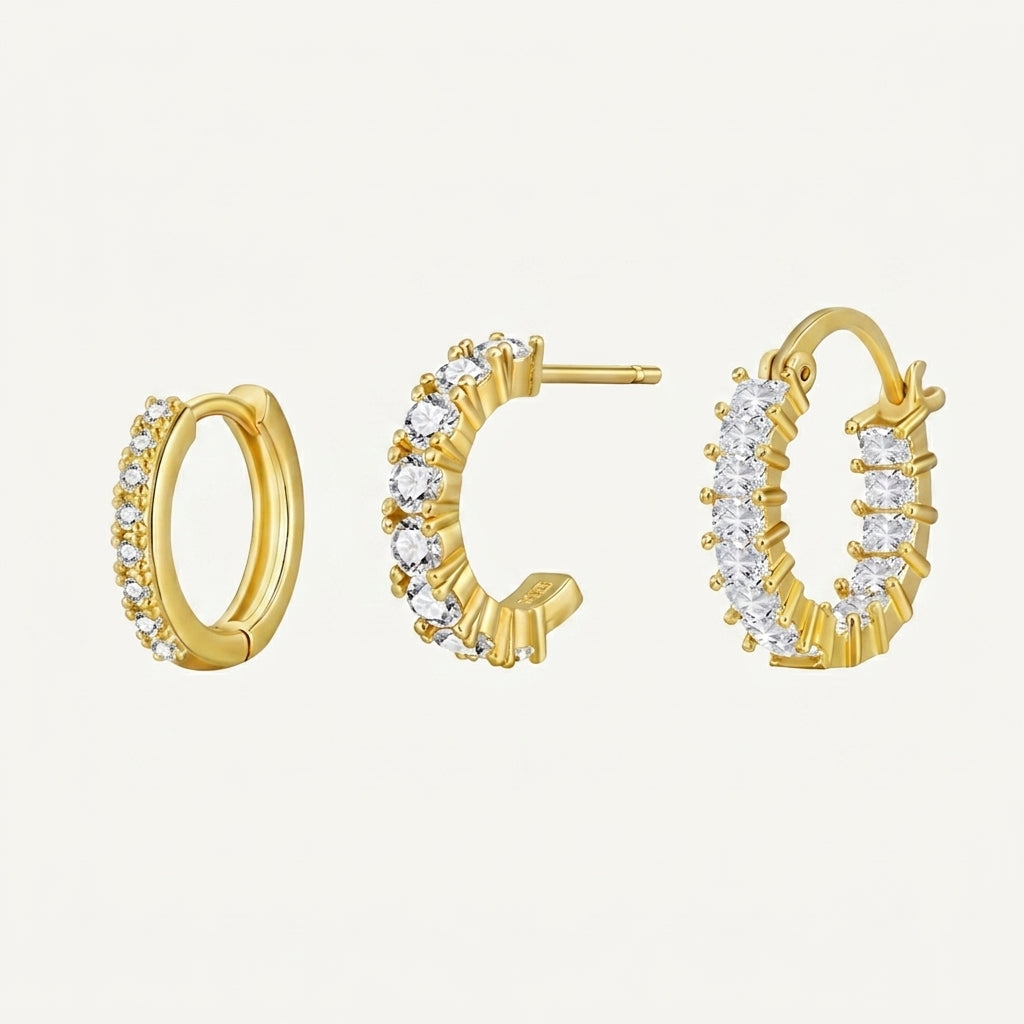 14K Gold Plated AAAA CZ Huggie Hoop Earrings Set of 3 Pairs - Gold