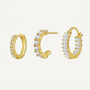 14K Gold Plated AAAA CZ Huggie Hoop Earrings Set of 3 Pairs - Gold
