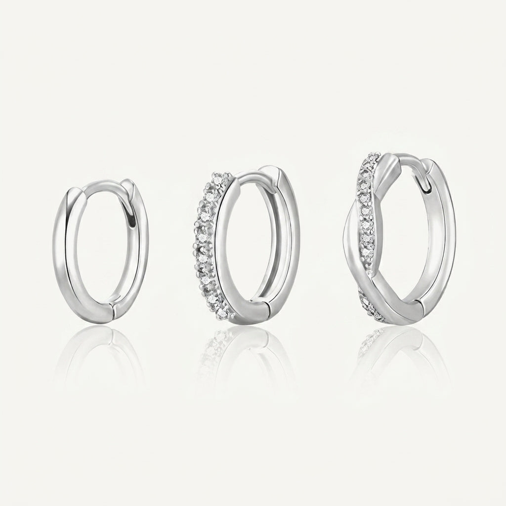 925 Sterling Silver Twist CZ Huggie Hoop Earrings Set of 3 Pairs - Silver