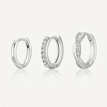 925 Sterling Silver Twist CZ Huggie Hoop Earrings Set of 3 Pairs - Silver