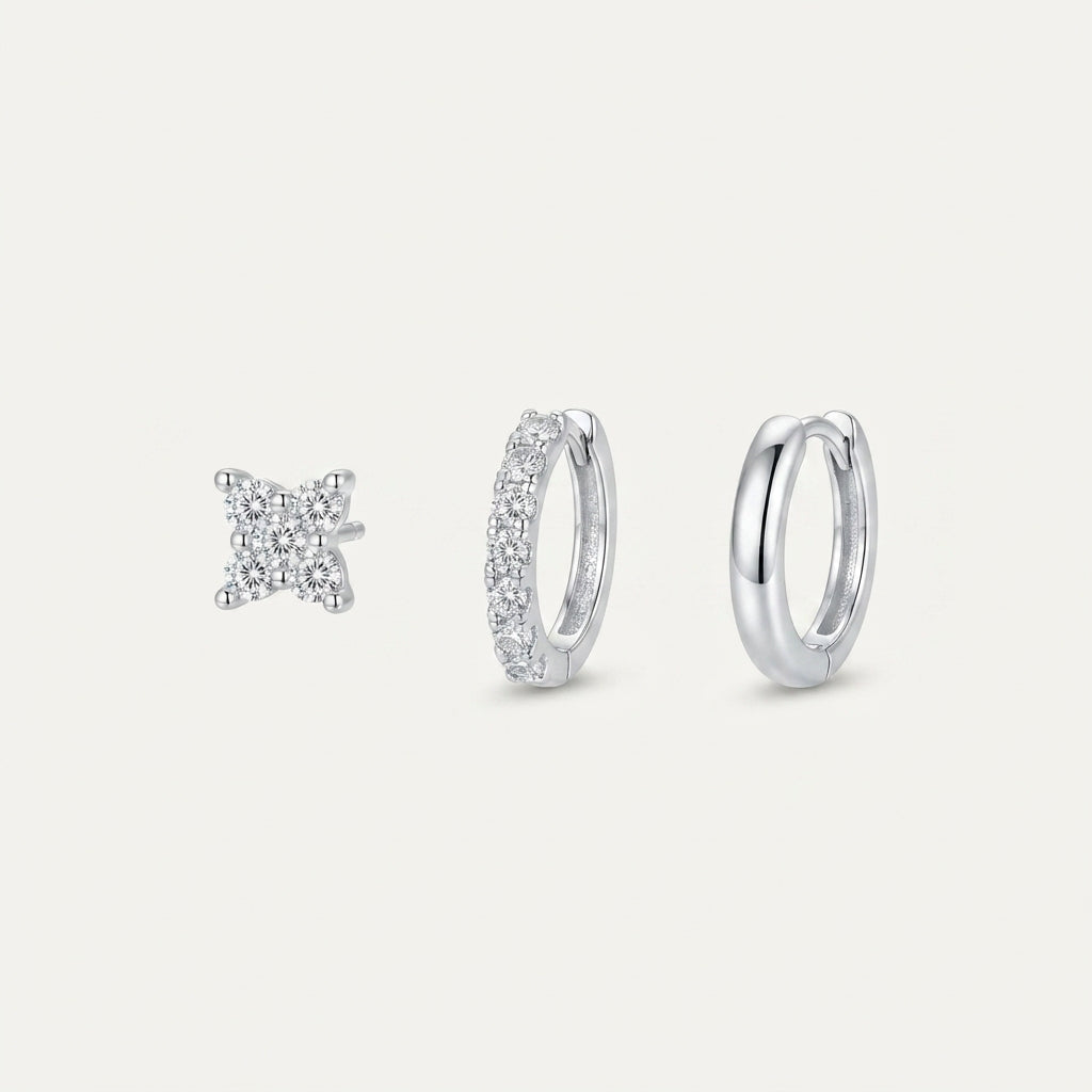 925 Sterling Silver Leaf CZ Stud and Hoop Earring Set of 3 Pairs - Silver