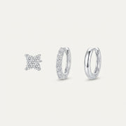 925 Sterling Silver Leaf CZ Stud and Hoop Earring Set of 3 Pairs - Silver