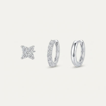 925 Sterling Silver Leaf CZ Stud and Hoop Earring Set of 3 Pairs - Silver
