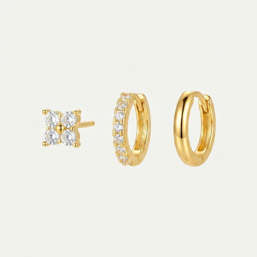 925 Sterling Silver Leaf CZ Stud and Hoop Earring Set of 3 Pairs - Gold
