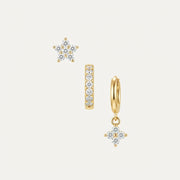 925 Sterling Silver Flower CZ Stud and Hoop Earring Set of 3 Pairs - Gold