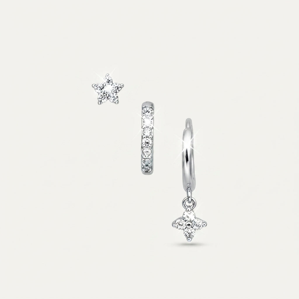 925 Sterling Silver Flower CZ Stud and Hoop Earring Set of 3 Pairs - Silver