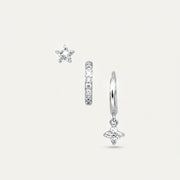925 Sterling Silver Flower CZ Stud and Hoop Earring Set of 3 Pairs - Silver
