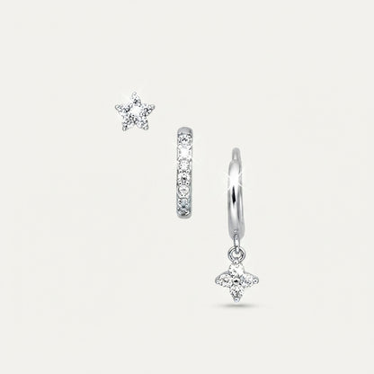 925 Sterling Silver Flower CZ Stud and Hoop Earring Set of 3 Pairs - Silver