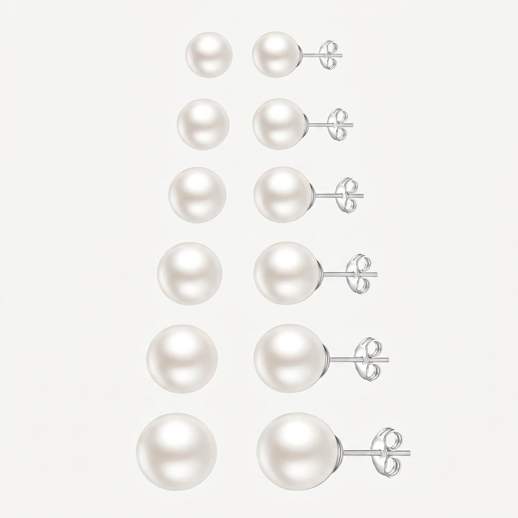 925 Sterling Silver Pearl Stud Earrings Set of 6 Pairs