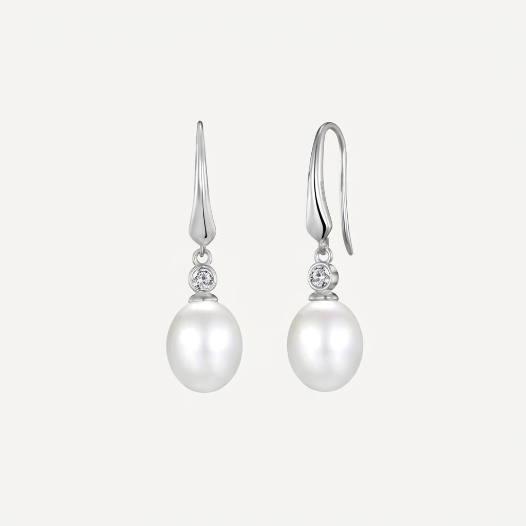 Sterling Silver White Shell Pearl Drop Earrings with Zircondia Crystals