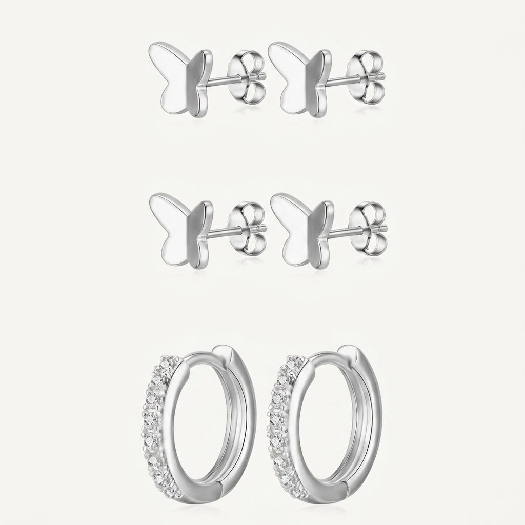 925 Sterling Silver Butterfly Stud and Hoop Earring Set - 3 Pairs Silver