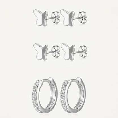925 Sterling Silver Butterfly Stud and Hoop Earring Set - 3 Pairs Silver
