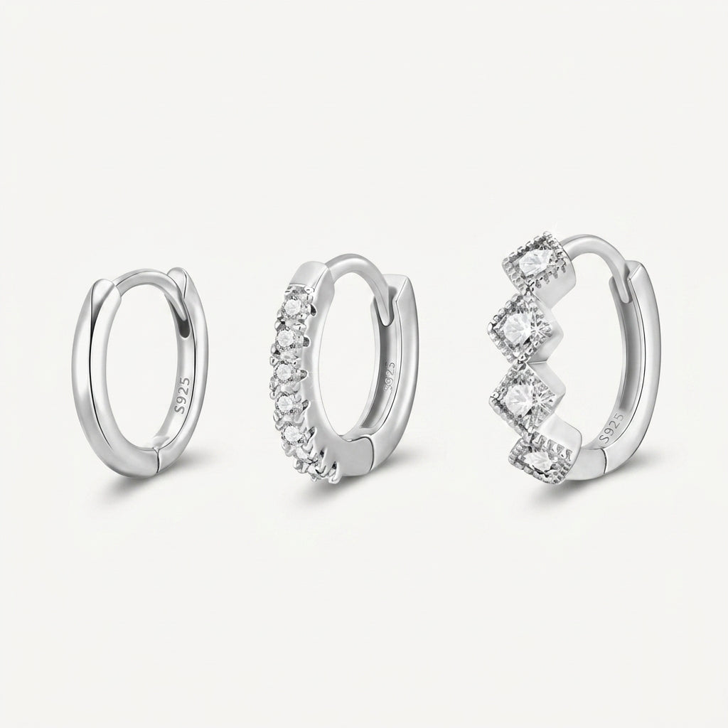 925 Sterling Silver Square CZ Huggie Hoop Earrings Set of 3 Pairs - Silver