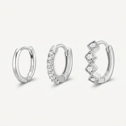 925 Sterling Silver Square CZ Huggie Hoop Earrings Set of 3 Pairs - Silver