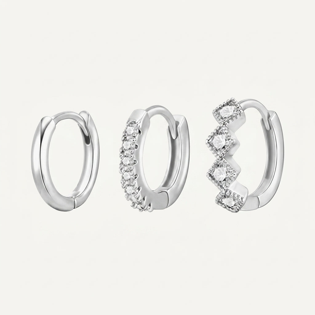 925 Sterling Silver Square CZ Huggie Hoop Earrings Set of 3 Pairs - Silver