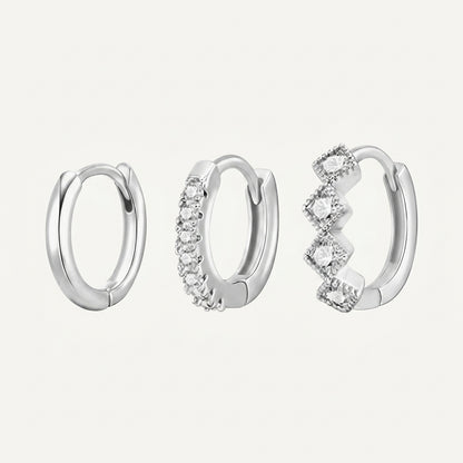 925 Sterling Silver Square CZ Huggie Hoop Earrings Set of 3 Pairs - Silver