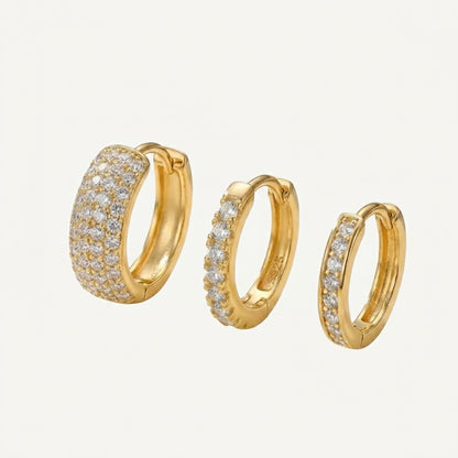 14K Gold Plated Chunky CZ Huggie Hoop Earrings Set of 3 Pairs - Gold
