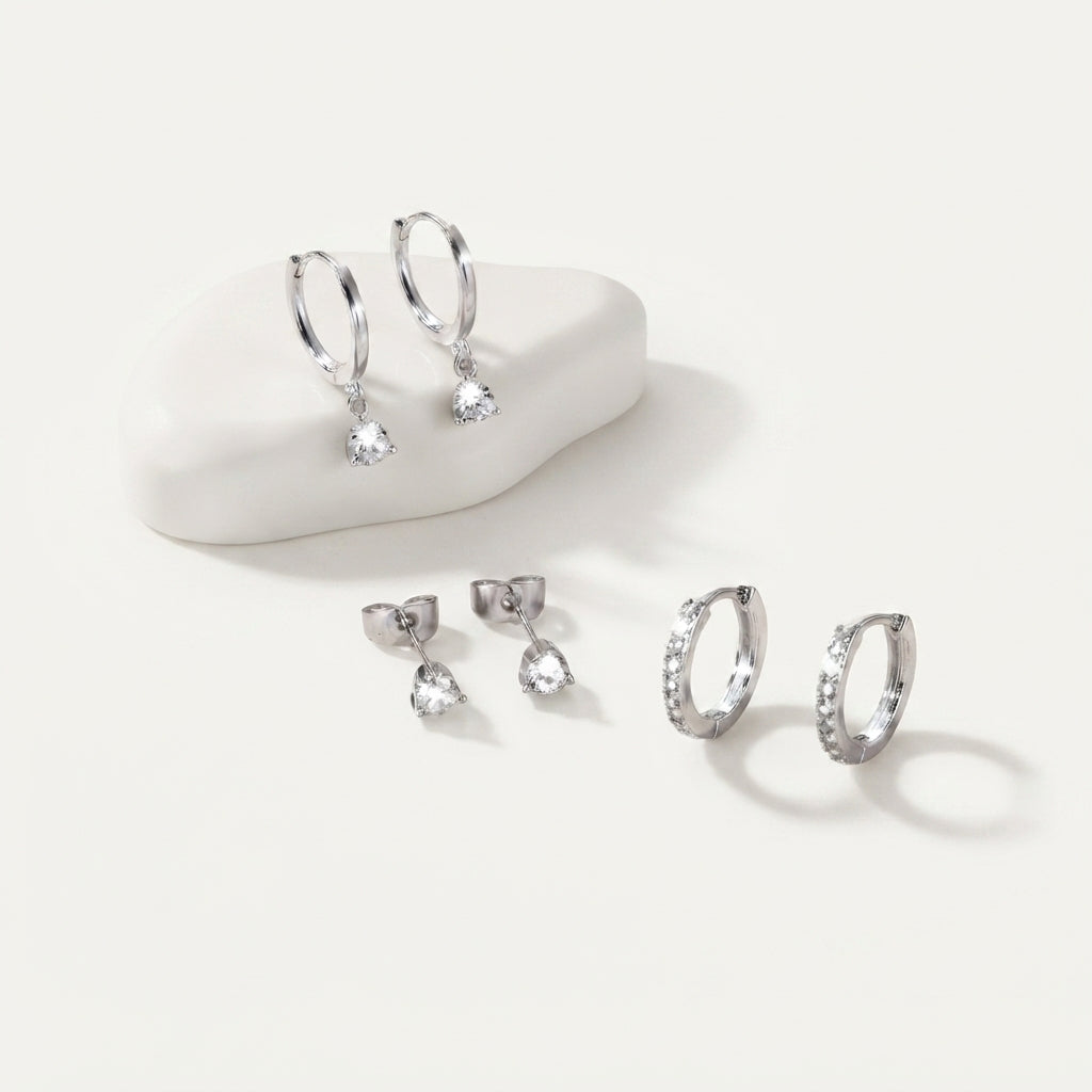 925 Sterling Silver Round CZ Stud and Hoop Earring Set of 3 Pairs - Silver