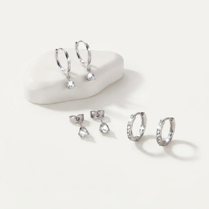 925 Sterling Silver Round CZ Stud and Hoop Earring Set of 3 Pairs - Silver
