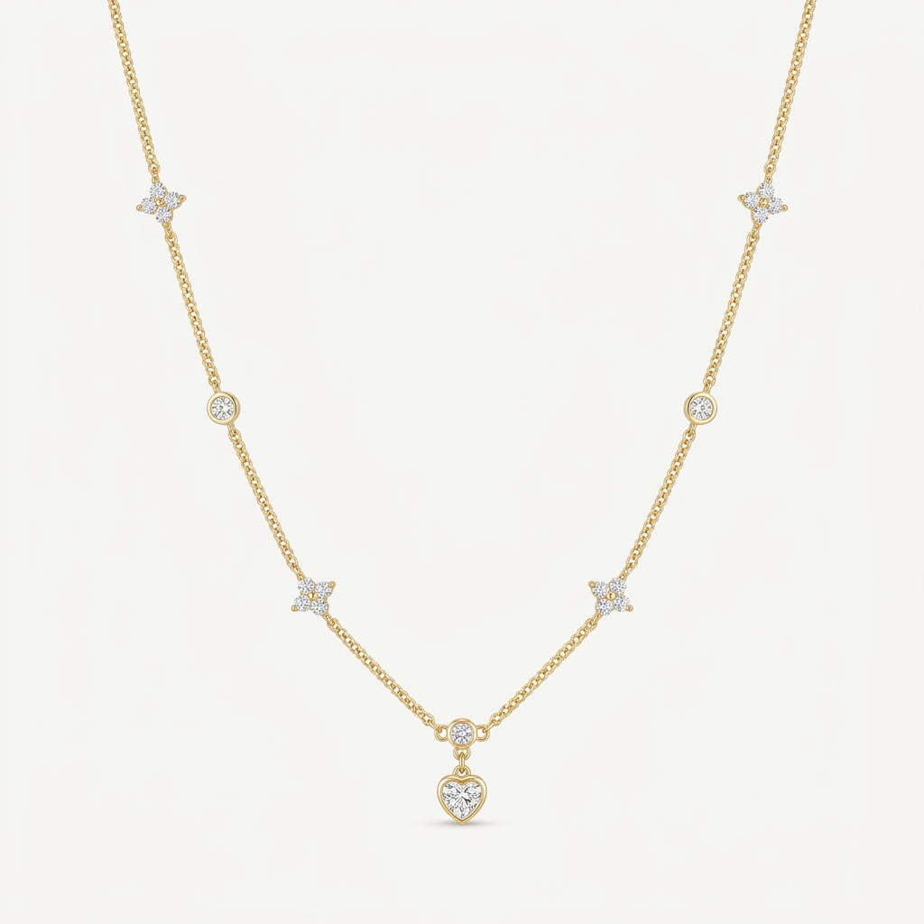 14K Gold Plated Heart and Four Leaf Clover Necklace with 5A Cubic Zirconia - Gold