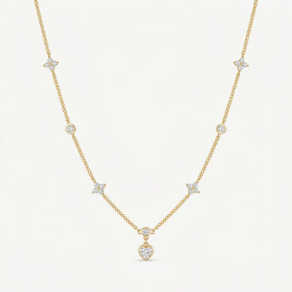 14K Gold Plated Heart and Four Leaf Clover Necklace with 5A Cubic Zirconia - Gold