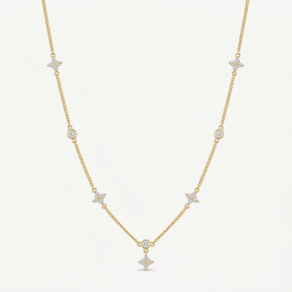 14K Gold Plated Four Leaf Clover and Heart Necklace with 5A Cubic Zirconia - Gold
