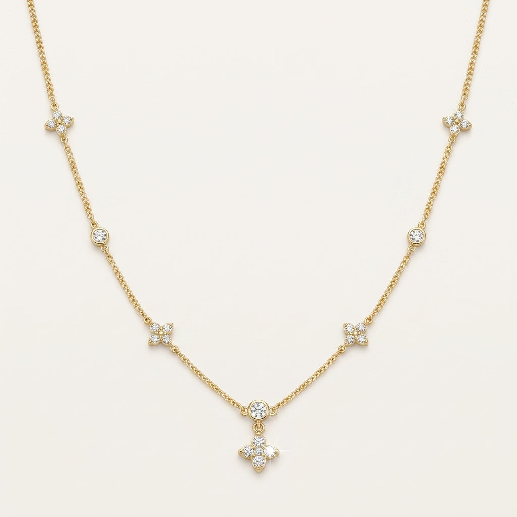14K Gold Plated Four Leaf Clover and Heart Necklace with 5A Cubic Zirconia - Gold