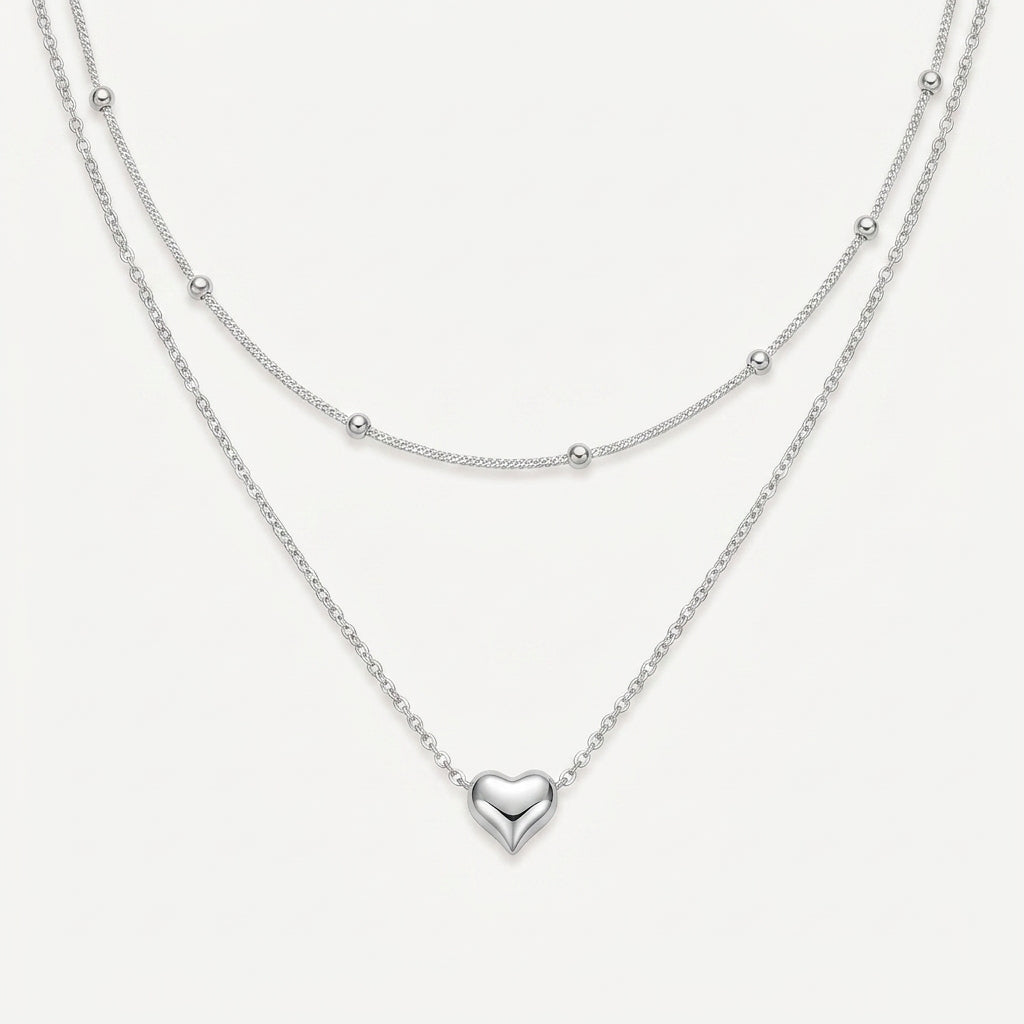 925 Sterling Silver Double Layer Heart Pendant Necklace - Silver