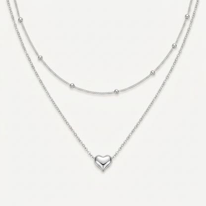 925 Sterling Silver Double Layer Heart Pendant Necklace - Silver