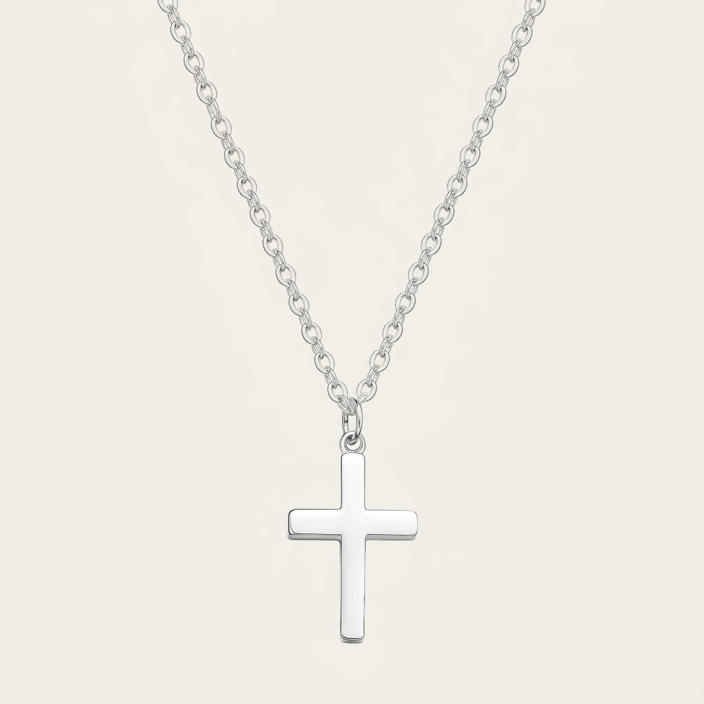 925 Sterling Silver White Gold Plated Curb Chain Cross Necklace - Silver