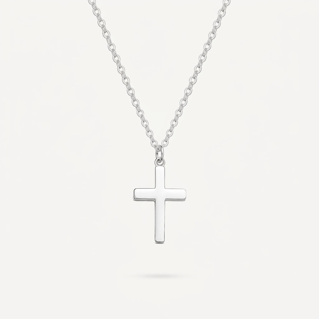 925 Sterling Silver White Gold Plated Curb Chain Cross Necklace - Silver