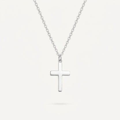 925 Sterling Silver White Gold Plated Curb Chain Cross Necklace - Silver