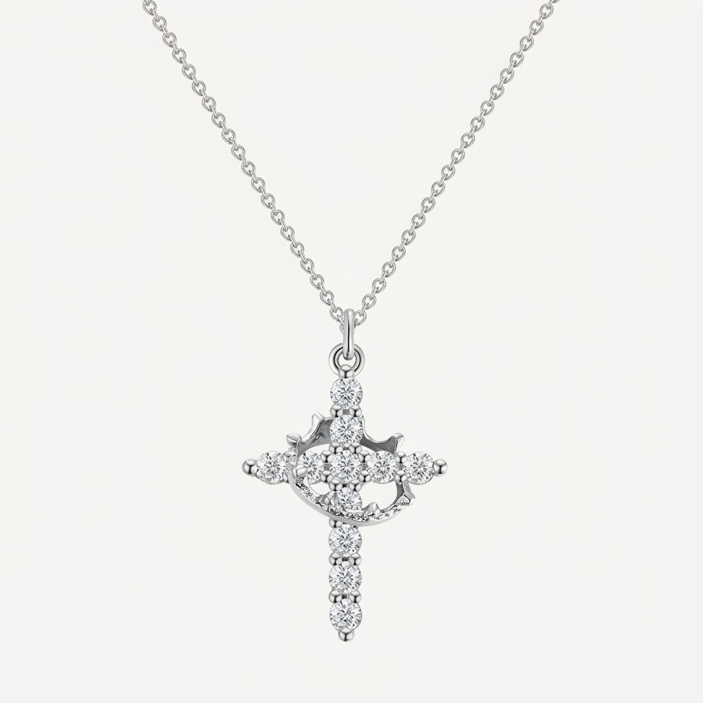 14K Gold Plated Crown Cross Necklace with Cubic Zirconia - Silver