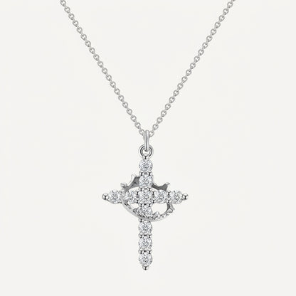 14K Gold Plated Crown Cross Necklace with Cubic Zirconia - Silver